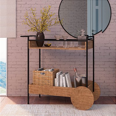 Carrinho Bar Estilo Industrial 103cm Vermont Estrutura em Metal Preto