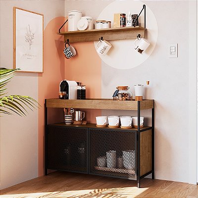 Conjunto Balcão Buffet e Prateleira Suspensa Industrial Vermont Preto