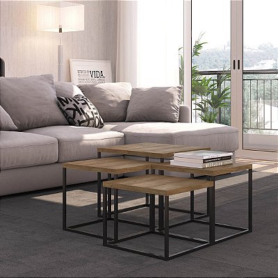 Conjunto 4 Mesas de Centro Quadradas Estilo Industrial Base em Metal
