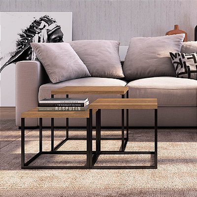 Conjunto 3 Mesas de Centro Quadradas Estilo Industrial Base em Metal