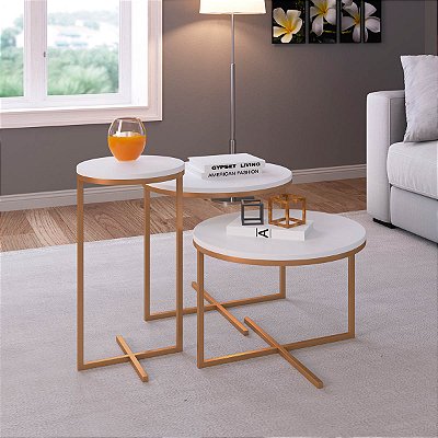 Conjunto 3 Mesas de Centro Estilo Industrial Redondas Base em Metal