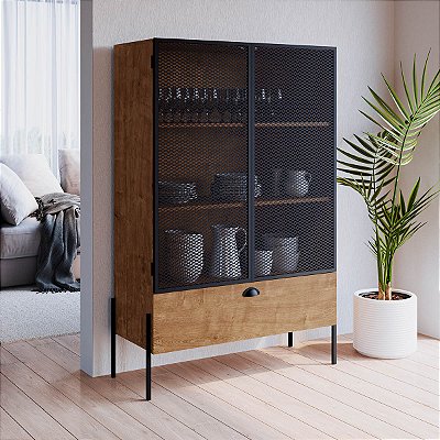 Cristaleira Estilo Industrial 93cm com 2 Portas e Gaveta Pés em Metal