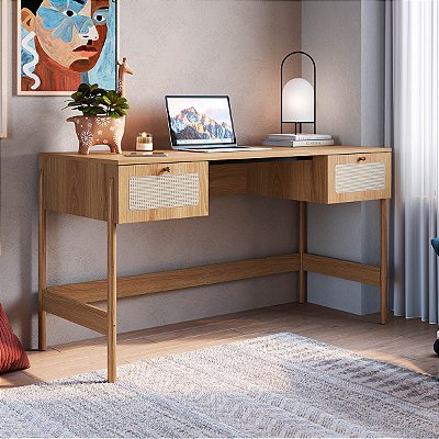 Mesa Escrivaninha Retrô 139cm 2 Gavetas Palhinha Pé Madeira