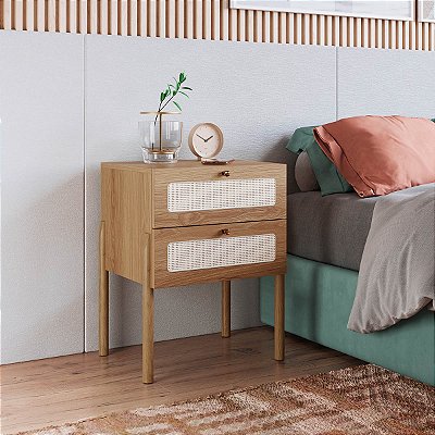 Mesa de Cabeceira Estilo Retrô 48cm com 2 Gavetas Palhinha Pés Madeira