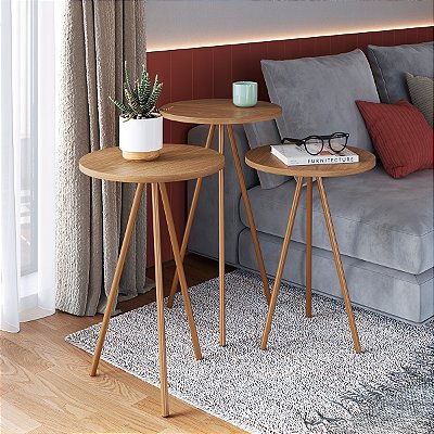 Conjunto 3 Mesas Laterais Estilo Retrô Base em Metal