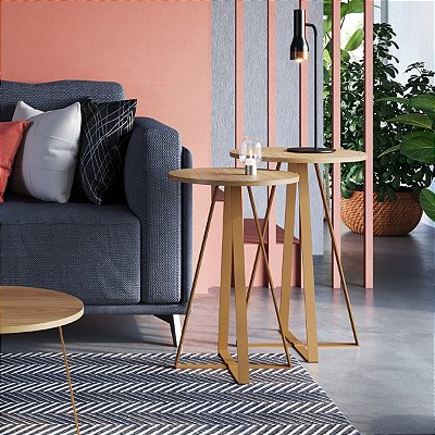 Conjunto 2 Mesas Laterais Estilo Industrial com Base em Metal