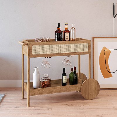 Carrinho Bar 112cm com Porta Taças Palhinha e Pés em Madeira