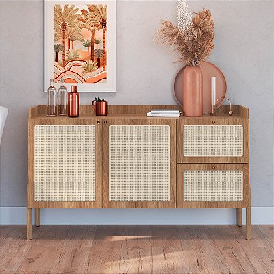 Balcão Buffet Retrô 139cm 2 Portas em Palhinha Pés de Madeira