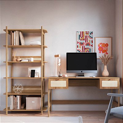 Conjunto para Escritório Mesa 2 Gavetas Estante Palhinha Pé Madeira