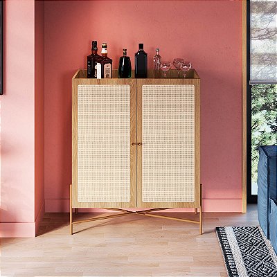 Balcão Buffet Estilo Industrial 93cm 2 Portas Palhinha Pés em Metal