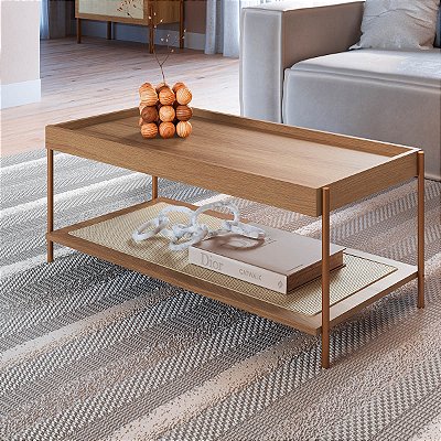Mesa de Centro Retrô Industrial 93cm Prateleira Palhinha Pés em Metal