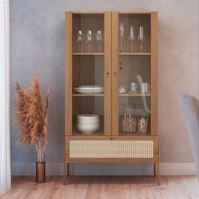 Cristaleira Estilo Retrô Industrial 83cm 2 Portas Palhinha Pés Metal