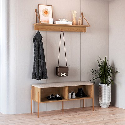 Conjunto Moderno Sapateira com Banco e e Prateleira Pés em Metal