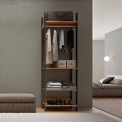 Guarda-Roupa Closet Industrial com Cabideiro 74cm em MDF Freijó e Preto