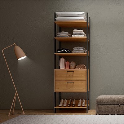 Guarda-Roupa Closet Industrial 74cm 2 Gavetas em MDF Freijó e Preto