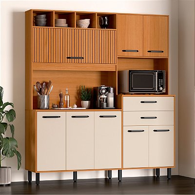 Cozinha Compacta Moderna 175cm 8 Portas e 2 Gavetas Nature Champanhe