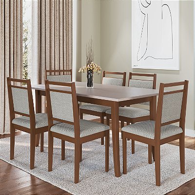 Conjunto Sala de Jantar Mesa 6 Cadeiras Estofadas Madeira Imbuia Cinza