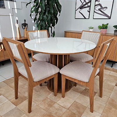 Conjunto Sala de Jantar Mesa Redonda 4 Cadeiras Estofadas 100% MDF