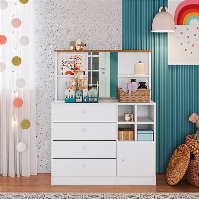 Cômoda Montessoriana com 4 Gavetas e Porta com Espelho Branca