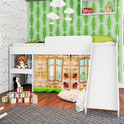 Cama Infantil Playground 192cm com Escorregador e Cortina Branca