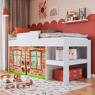 Cama Infantil Multifuncional 192cm com Protetor e Cortina Branca