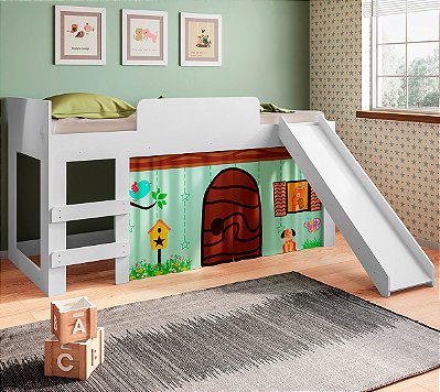 Cama Infantil Playground 192cm com Escorregador e Cortina e Branca