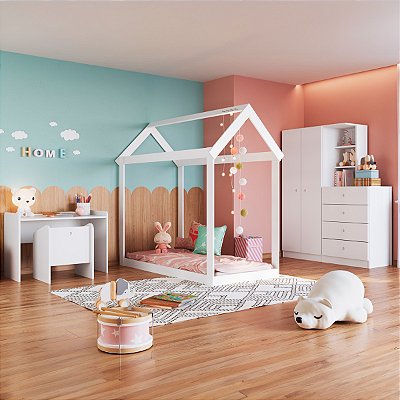 Conjunto Quarto Infantil Montessoriano Cama Mesa e Roupeiro Branco