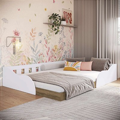 Cama de Casal Infantil Montessoriana com Protetor 194cm Branco e Mel