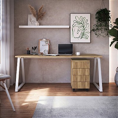 Mesa Escrivaninha 160cm e Gaveteiro Home Office Mordeno