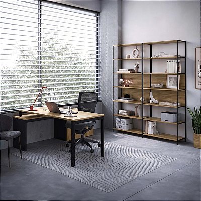 Conjunto para Escritório Home Office Escrivaninha 2 Estantes e Balcão