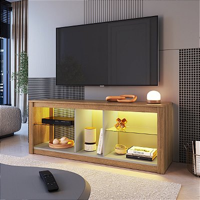 Rack Gamer para TV até 55"com Prateleiras de Vidro e Led RGB
