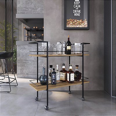 Carrinho Bar 90cm Estilo Industrial 2 Prateleiras e 4 Rodas