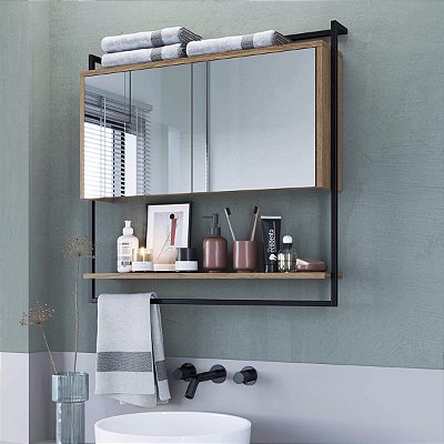 Armário Espelheira para Banheiro 80cm Industrial com Toalheiro