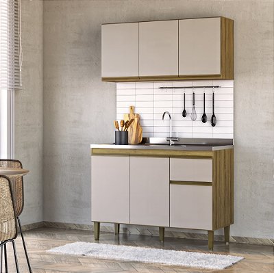 Cozinha Compacta Moderna Armário Aéreo e Balcão 150cm Mel e Grafite