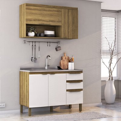 Cozinha Compacta Moderna com Aéreo e Balcão Sem Tampo 120cm