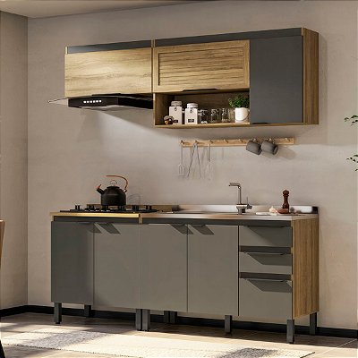 Cozinha Completa Moderna com 2 Aéreos 2 Balcões 200cm Mel e Grafite