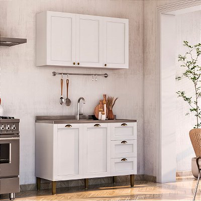 Cozinha Estilo Americana Completa com 1 Aéreo 1 Balcão 120cm Branco