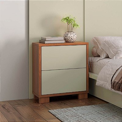 Mesa de Cabeceira 54cm 100% MDF 2 Gavetas Freijó e Off White