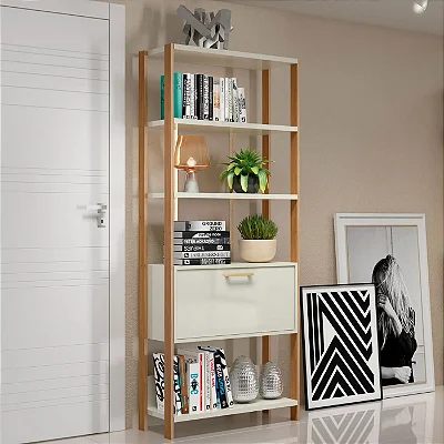 Estante Moderna 73cm com Porta Basculante 100% MDF Off White e Freijó