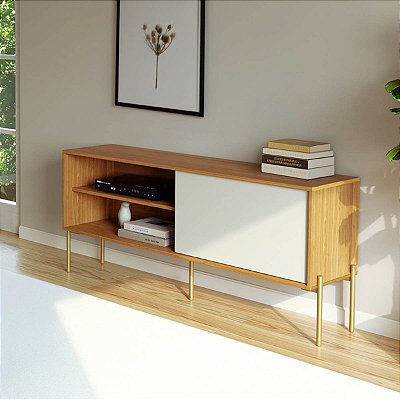 Rack para TV até 55" 144cm Porta de Correr 100% MDF Freijó e Off White