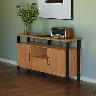 Balcão Aparador 135cm 2 Portas e 1 Gaveta 100% MDF Freijó e Preto