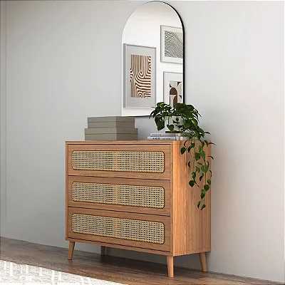 Cômoda Retrô 105cm 3 Gavetas com Palhinha e Espelho 100% MDF Freijó