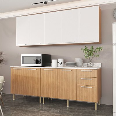 Balcão Cozinha Compacta com Aéreo 200cm 9 Portas 3 Gavetas com Pés Reguláveis