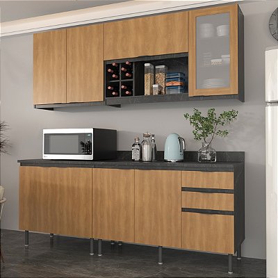 Cozinha Compacta com Aéreo 200cm 8 Portas 3 Gavetas com Pés Reguláveis