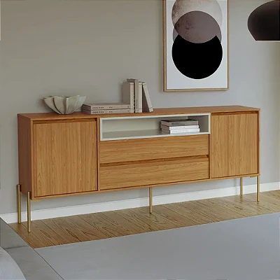 Balcão Aparador Moderno 184cm 2 Portas 2 Gavetas Freijó e Off White