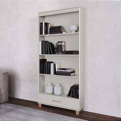 Estante para Livros 100% MDF com Gaveta e Prateleiras Off White e Gold