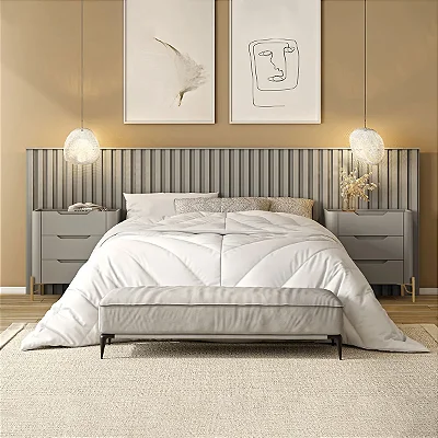 Conjunto Cabeceira Casal 280cm 2 Mesas de Cabeceira 100% MDF Pés Metal