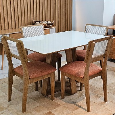 Conjunto Sala Jantar Mesa 135cm 100% MDF e 4 Cadeiras Palinha CA35