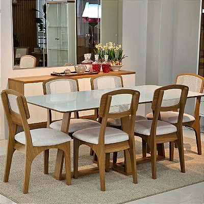 Conjunto Sala de Jantar Mesa Retangular 180cm 6 Cadeiras Palhinha MDF