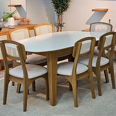 Conjunto Sala de Jantar Mesa Orgânica 180cm 6 Cadeiras com Palinha MDF